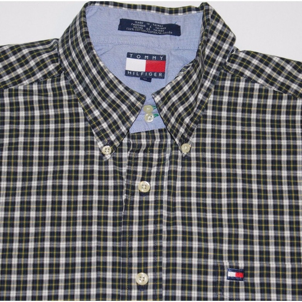 VTG Tommy Hilfiger XL 90's Big Flag Logo Green Yellow Check Oxford Dress Shirt - Picture 8 of 11